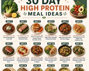 30 Day High Protein Meal Ideas,  Food List , Chart | Protein Rich, Low Carb | Printable Grocery and Meals Planner | Perfect for Weight Loss