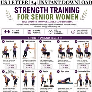 May include: A digital workout guide titled Strength Training for Senior Women, featuring ten numbered strength exercises and two balance exercises. Each section includes illustrations of a person performing movements with rep and set counts.