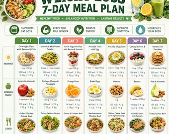 Op de afbeelding: Een digitaal 7-daags maaltijdplan met de titel WEIGHT LOSS 7-DAY MEAL PLAN. Het bevat een rasterindeling met dagelijkse voedingsmiddelen voor ontbijt, snacks, lunch en middag, inclusief calorieën en macronutriënten in grammen.