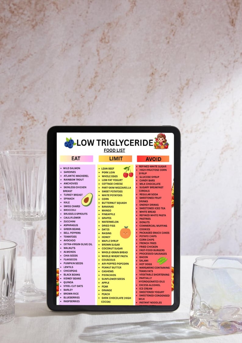 K&ouml;nnte beinhalten: Ein digitales Tablet zeigt eine "Low Triglyceride Food List" mit den Kategorien: Essen, Einschr&auml;nken und Vermeiden. Die Liste enth&auml;lt verschiedene Lebensmittel wie Lachs, Gem&uuml;se, Obst und verarbeitete Lebensmittel.