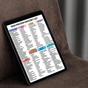 May include: A digital tablet displays a "High Protein Grocery List" with categories like "Protein Drinks & Supplements," "Nuts & Seeds," and "Dairy Products." The list includes various food items, with a brown leather-like background.