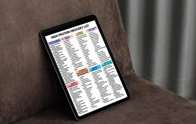May include: A digital tablet displays a "High Protein Grocery List" with categories like "Protein Drinks & Supplements," "Nuts & Seeds," and "Dairy Products." The list includes various food items, with a brown leather-like background.