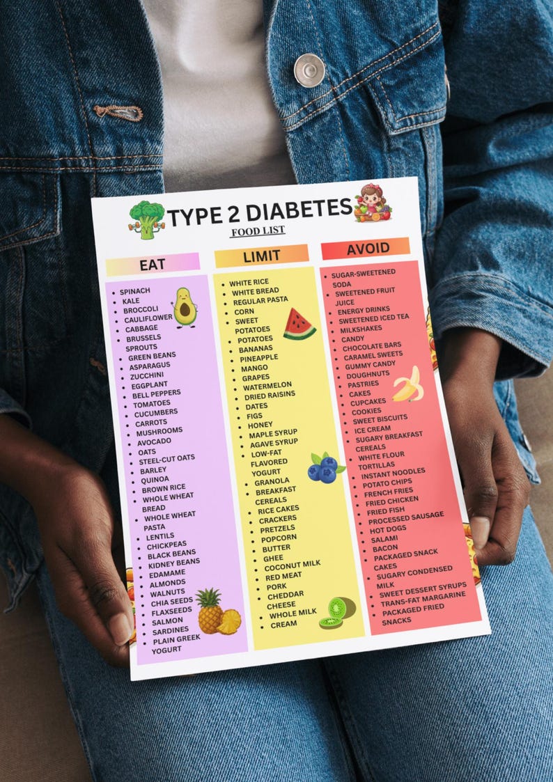 May include: A food list for Type 2 Diabetes, with three columns: Eat, Limit, and Avoid. The Eat column includes spinach, kale, broccoli, and other vegetables. The Limit column includes white rice, potatoes, and bananas. The Avoid column includes sugar-sweetened soda, candy, and cakes.