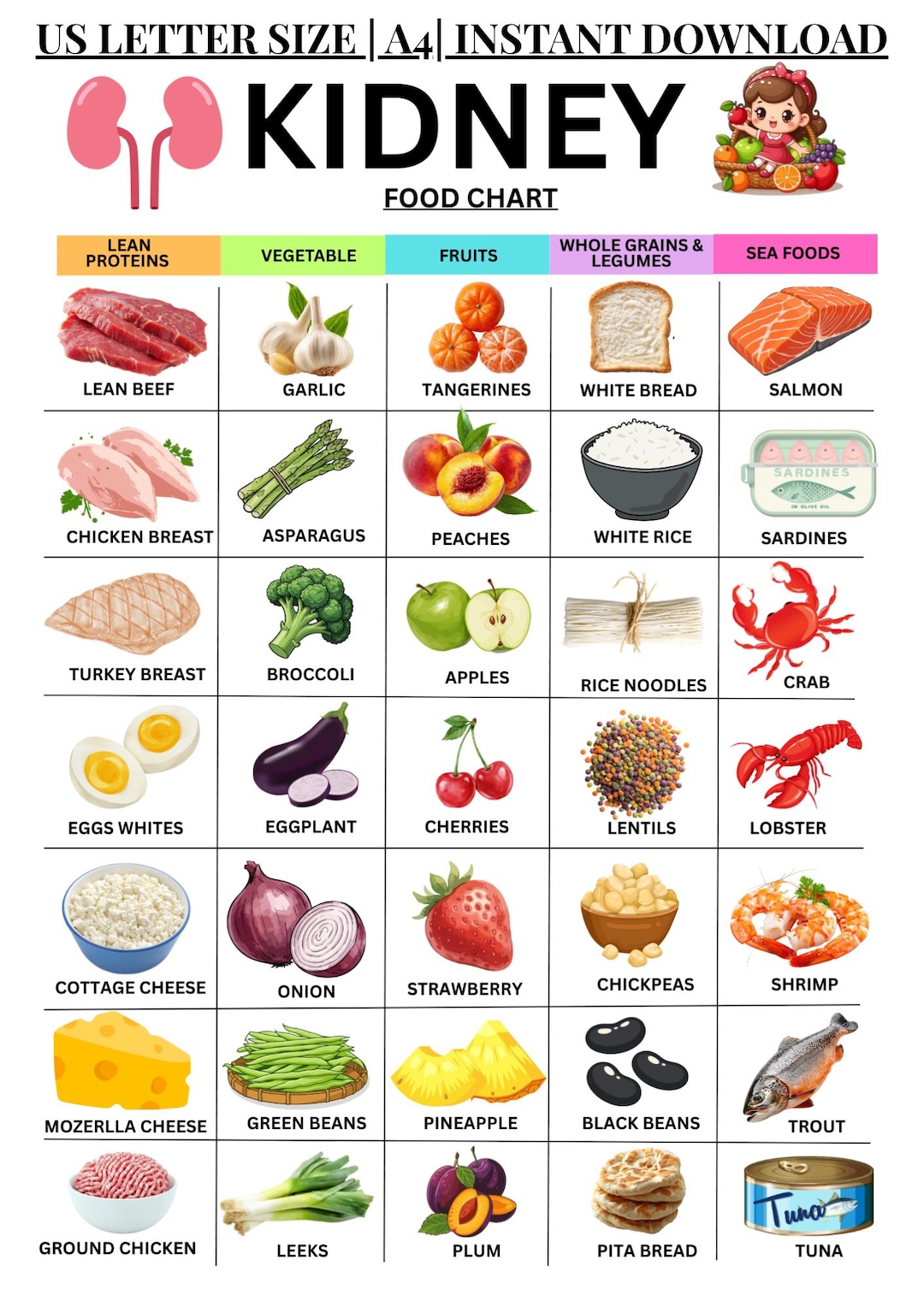 Kidney Friendly Food Chart PDF, Renal Diet Food List Printable, Kidney ...