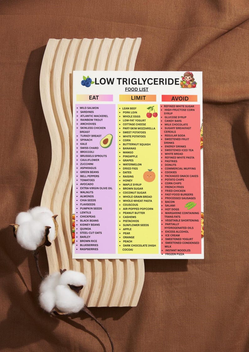 K&ouml;nnte beinhalten: Eine Lebensmittelliste mit dem Titel "Low Triglyceride" mit den Abschnitten "Essen", "Limit" und "Vermeiden". Die Liste enth&auml;lt Lebensmittel wie Lachs, Spinat und Waln&uuml;sse und r&auml;t von zuckerhaltigen Lebensmitteln ab. Zwei Baumwollknospen im Vordergrund.