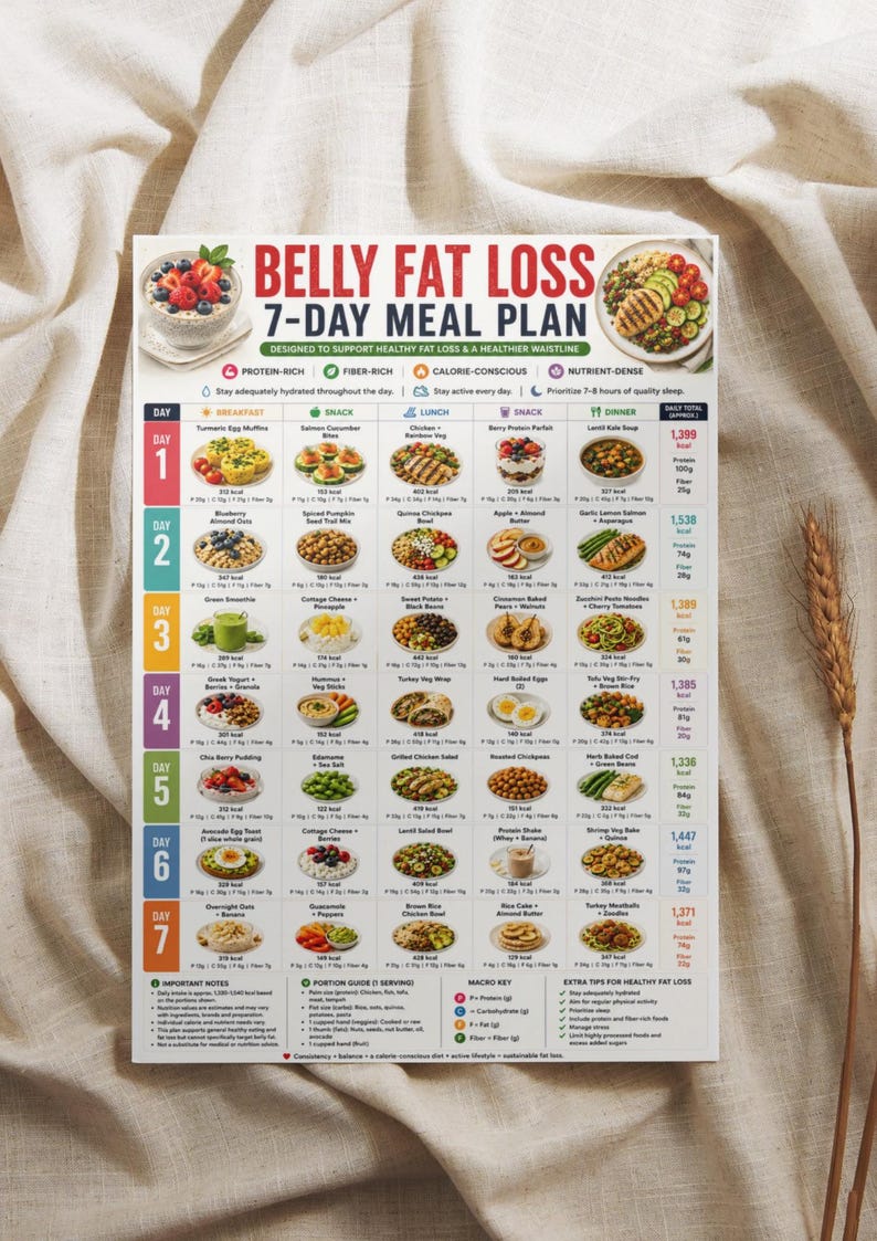 Belly Fat Loss 7 Day Meal Plan Printable, Flat Stomach Diet Plan, Weight Loss Meal Plan, Calorie ...