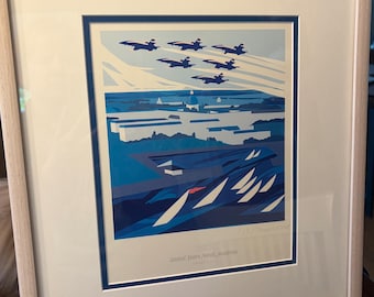 Lámina enmarcada de Nancy Hammond, Academia Naval de los Estados Unidos, serigrafía con plantillas, arte naval.