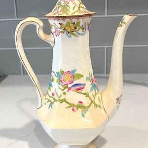 May include: A hexagonal porcelain coffee pot with a cream-colored base, featuring a delicate hand-painted pattern of colorful flowers, green branches, and small birds. The pot includes a matching lid with a finial, a curved handle, and a spout.