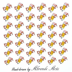 May include: A pattern of yellow pencils with pink erasers and the word "EXAM" in red letters. The pencils are hand-drawn and repeated across a white background. The text "Hand-drawn by Ahrends Arts" is at the bottom.