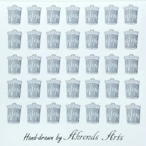 May include: A hand-drawn illustration featuring a grid of 30 stylized trash cans with lids. Each trash can is depicted in a simple, monochromatic style with vertical lines. The text "Hand-drawn by Ahrends Arts" is written in cursive at the bottom.