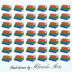 May include: A pattern of hand-drawn books, each with a red cover, green middle, and blue base. The text "Hand-drawn by Ahrends Arts" is at the bottom. The books are arranged in a grid-like pattern.