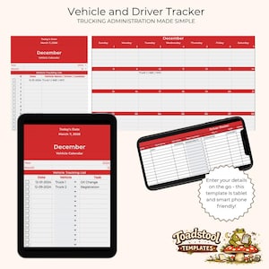 May include: A digital vehicle and driver tracker template with a red and white color scheme. The template includes a calendar, vehicle tracking list, and driver roster. The text on the template says "Trucking Administration Made Simple."