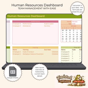 Human Resources Dashboard, HR Management Spreadsheet, Employee Tracker Template, Google Sheets HR System, Staff Database