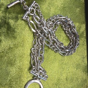 Chunky Multi-Strand Silver Chain Bracelet with Toggle Clasp | Triple Layer Mixed Link Bracelet: Figaro, Rolo, and Cable Chains | Edgy Statem