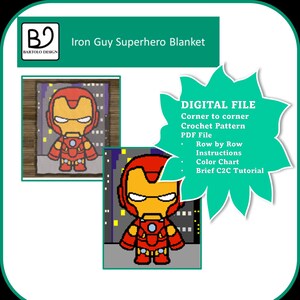Op de afbeelding: Digitaal bestand voor een haakpatroon van Iron Man, een superheld uit het Marvel-universum. Het patroon is van hoek naar hoek en bevat stap-voor-stap instructies, een kleurenkaart en een korte C2C-tutorial.