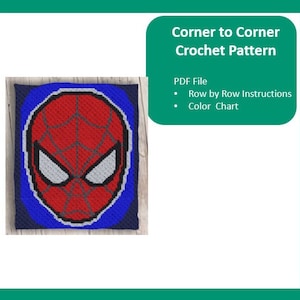 Puede incluir: Un patrón de crochet para una cabeza de Spiderman, con un esquema de colores rojo y azul. El patrón incluye un archivo PDF con instrucciones fila por fila y una tabla de colores.