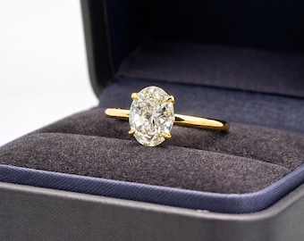 3CT Oval Lab Created Diamond Solitaire Engagement Ring, E VVS1 Triple Excellent 3X, Solid 14k Yellow Gold, Minimalist Fine Jewelry.