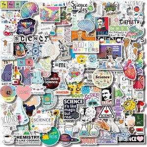 May include: A collection of science-themed stickers with various designs. The stickers feature images of brains, beakers, atoms, and quotes like "Science Matters" and "Because Science." Colors include blue, red, and yellow, with some stickers featuring text.