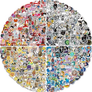 May include: A circular collection of assorted stickers with various designs and text. The stickers feature pop culture references, cartoon characters, and logos. Colors include red, blue, yellow, and black. Some stickers have text like "Netflix", "Just Do It", and "Oops!"
