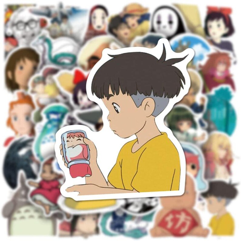 May include: A collection of anime-style stickers featuring various characters. The central sticker depicts a young boy in a yellow shirt holding a jar with a heart-shaped design. Other stickers include characters from popular anime series.