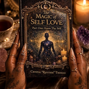 May include: A book titled "The Magic of Self Love" held by hands adorned with rings and tattoos. The cover features a silhouette of a person surrounded by stars and the text "Part One: Know Thy Self". Candles and crystals are in the background.