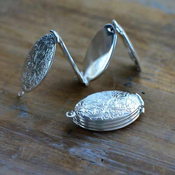 CUATRO cuadros locket PLATA medallón doble medallón grabado flor medlanes 4 imagen estilo vintage colgante encanto joyería suministros (BC088)