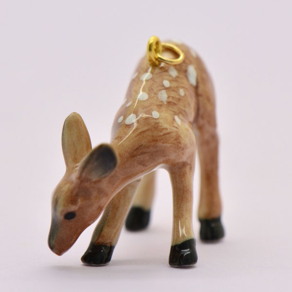 Porcelain Deer Fawn Pendant • Hand Painted • Hand Made • Gift For Her • Animal lover • Kids Gift • Cute Miniature Figurine Charm (CA085)