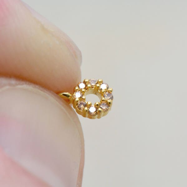 Tiny Round Charm 24K Gold Plated Brass Cubic Zirconia Champagne Pink Crystal Rhinestone Ring Charm Pendant Jewelry Making Supplies (AT164)