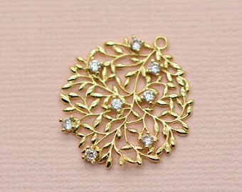 Natural Round Leaf Charm • 24k Gold Dipped • Tiny Minimal Shape • Jewelry Making Supplies • Simple Geometric Cubic Zircon • Leaves (AC16)