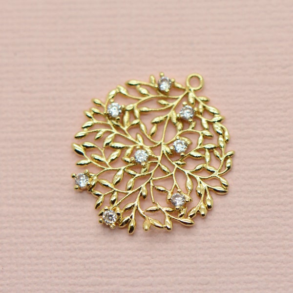 Natural Round Leaf Charm • 24k Gold Dipped • Tiny Minimal Shape • Jewelry Making Supplies • Simple Geometric Cubic Zircon • Leaves (AC16)