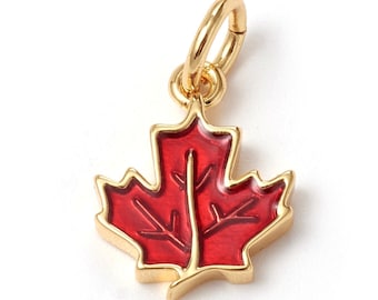 2 - Red and Gold Enamel Maple leaf Charm • Long Lasting plated Brass •Tiny Minimal Shape • Jewelry Making Supplies • Simple Charm (AU036)