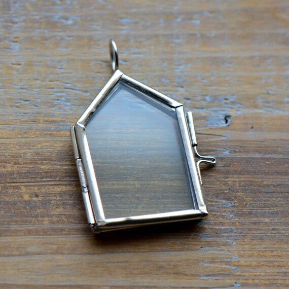 SILVER Glass Frame Pendant HOUSE Shape Double Sided Glass Etsy