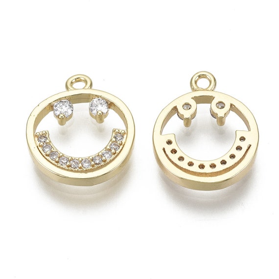 ♡smile♡ 2 -smiling Face Cubic Zirconia Pendants • Gold • Flat