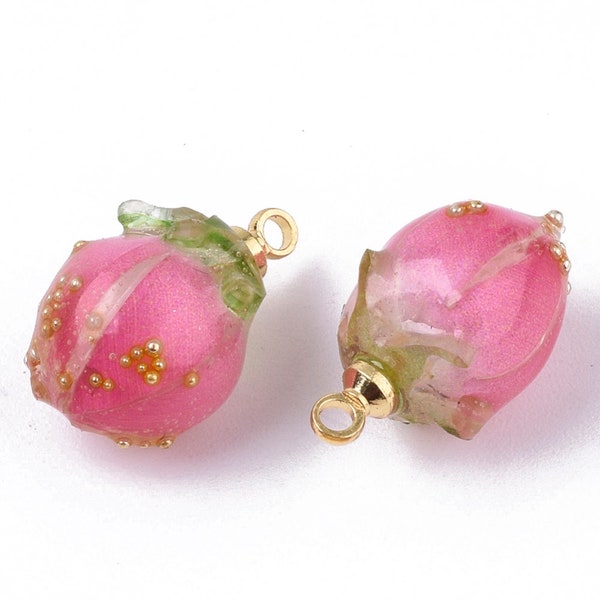5 -  Handmade Flower Epoxy Resin Pendants *  Brass Peg Bails and Glass Micro Beads * pink flower Bud * Golden * Hot Pink (BC076)