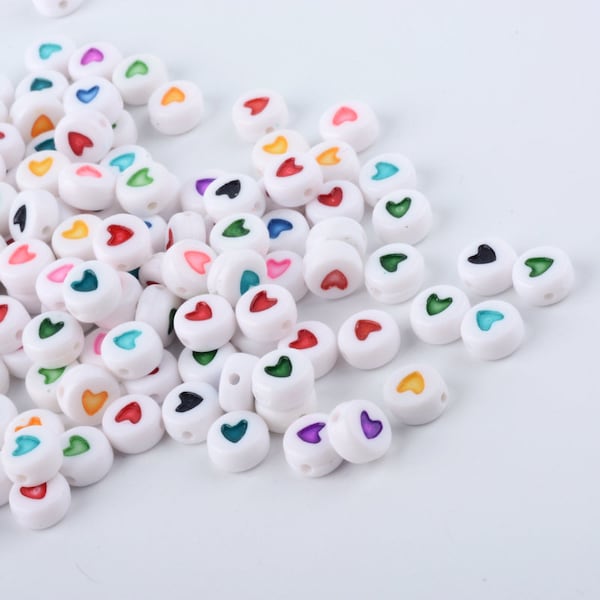 100pcs - Flat Round Acrylic White Bead with golden colored hearts * Opaque Acrylic Beads * Craft Jewelry making supplies * love bead (BD001)