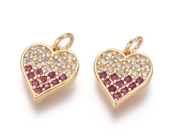 1- Deep Pink and Clear Heart Micro Paved Silhouette Charm •  Gold Plated Brass •Cubic Zirconia Jewelry Pendant • Jewelry Making  (AU034)