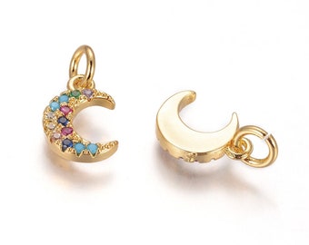 1-Colorful Gem Moon Bead with jump ring • Gold Brass Charm with Micro Pave Cubic Zirconia • Tiny Minimal • Jewelry Making Supplies • AU145