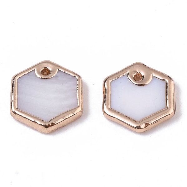 2- Natural Freshwater Hexagon Shell Charm •   Brass Edge Gold Plated Trim • Seashell Color • Jewelry Making Supplies (AT230)