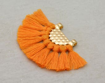 2-Orange Fan Tassel 24k Gold Plated Brass Cotton Fan Tassel Pendant Link Charm Orange Fan Tassel Earring Jewelry Making Supplies