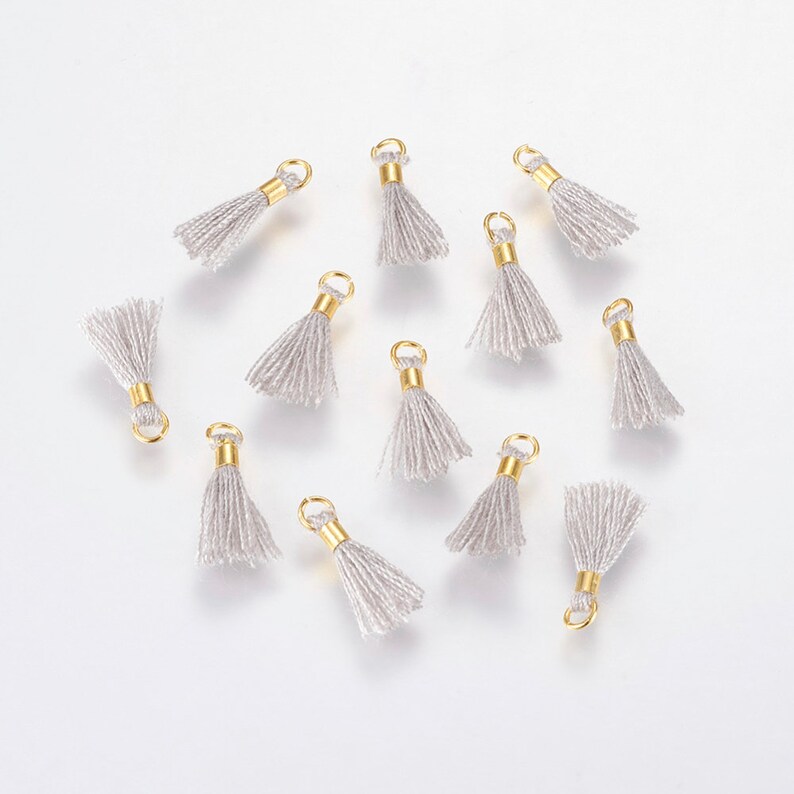 10 pcs Mini Light Gray Cotton Jewelry Tassel \u2022 With Gold Jump Ring \u2022 15mm in Length Miniature Jewelry Supplies \u2022 Light Gray Grey AX011