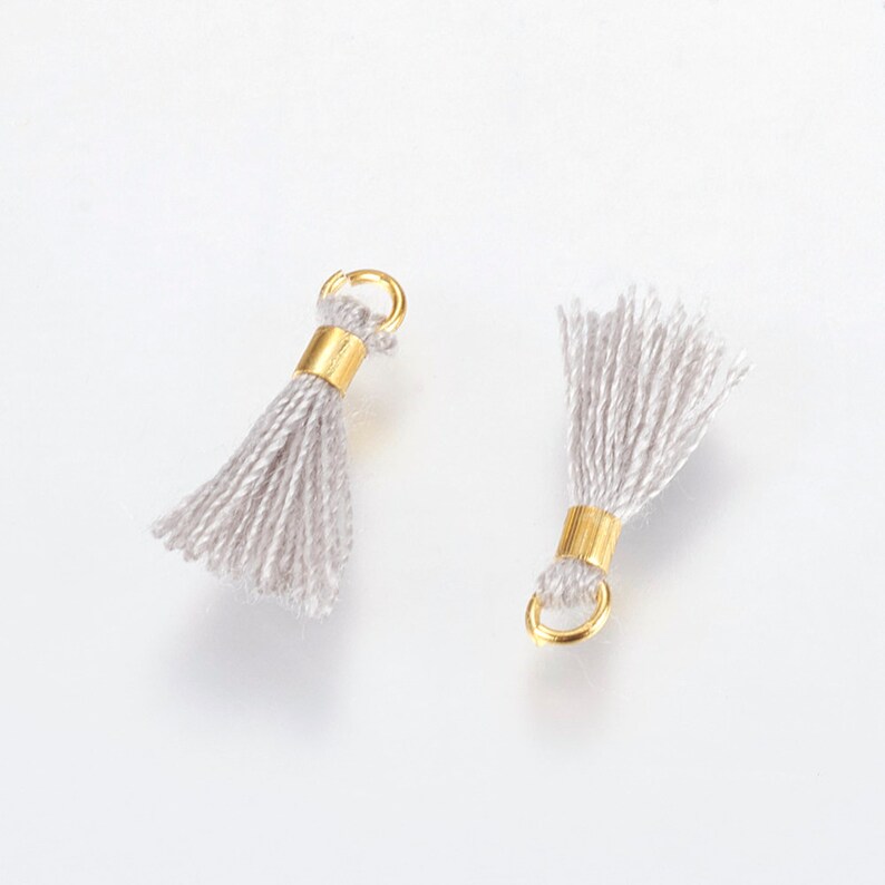 10 pcs Mini Light Gray Cotton Jewelry Tassel \u2022 With Gold Jump Ring \u2022 15mm in Length Miniature Jewelry Supplies \u2022 Light Gray Grey AX011