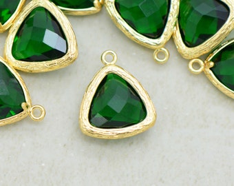 4 Triangle Emerald Crystal, Zircon Pendant Charm, Geometric Shape Rhinestone, Bezel Gemstone, Gold Dipped Connector, Lucite Jewelry Finding