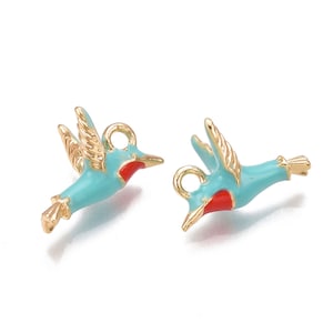 2 - Blue Humming Birds • 18K Gold plated • Gold Brass Enamel Charms • Jewelry Supplies •  pet bird Charm  •  Nickel Free (AX072)