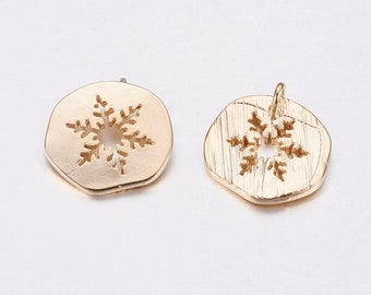 2-Golden Snowflake Bead Charm • Shiny 24k Gold Plated Brass - Layered Charm Minimal Jewelry Pendant • Winter Snowy Cold Charms (B056)