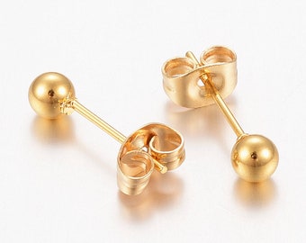 2 PAIRS -Stainless Steel  Stud Earrings  * Round Golden  Surgical Stainless Steel *  Allergy Free * Hypoallergenic   (AT128)