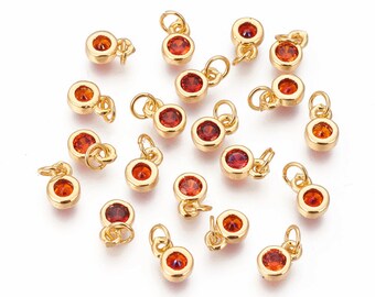 10 Pcs Single Cubic Zirconia Charms, Flat Round, Golden, Amber Orange Stones,  Round Pave Jewelry Making Charm  AS080
