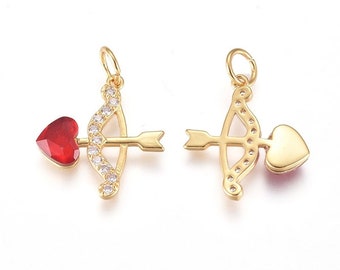 1-Gold Cubic Zirconia Bow W/ Red Heart Arrow • Arrow Charm • Gold •Cupid/Cherub Arrow• Jewelry Making Supplies • Simple Charm Shapes (A023)