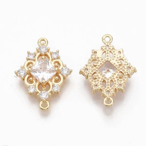1 Cubic Zirconia  Rhombus Connector Charm * 18K Gold Plated Brass * Clear Cubic Zirconia Charm *  Link Pendant Jewelry Making Supplies AT156