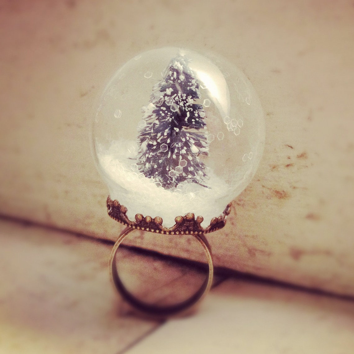Snow Globe Ring GLASS Pine Tree ring Christmas Tree Ring Etsy