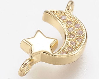 2-Bright Star Moon Charm Bead • Gold  • Tiny Minimal • Jewelry Making Supplies • Simple Cubic Zirconium Charm • Flat Geometrical (AR074)